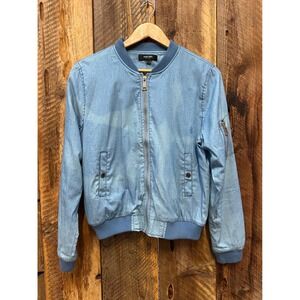 Black Label Chambray Bomber Jacket Womens L Blue Zip Utility Minimalist